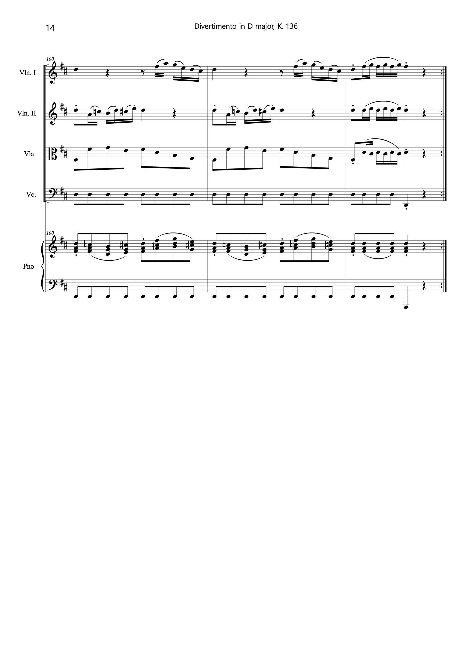 Sheet music of Divertimento in D major, K. 136 arranged for violins, viola, cello and piano quintet preview page 14