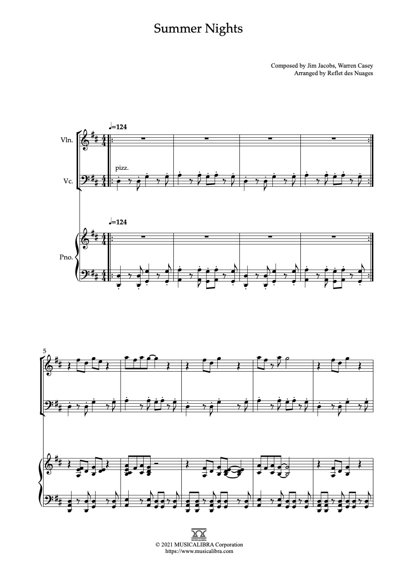 Partitura de Summer Nights arreglada para trío de violín, violonchelo y piano