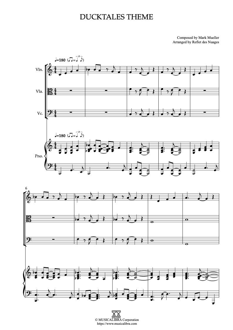 DuckTales Theme 四重奏 乐谱 - 小提琴, 中提琴, 大提琴, 钢琴