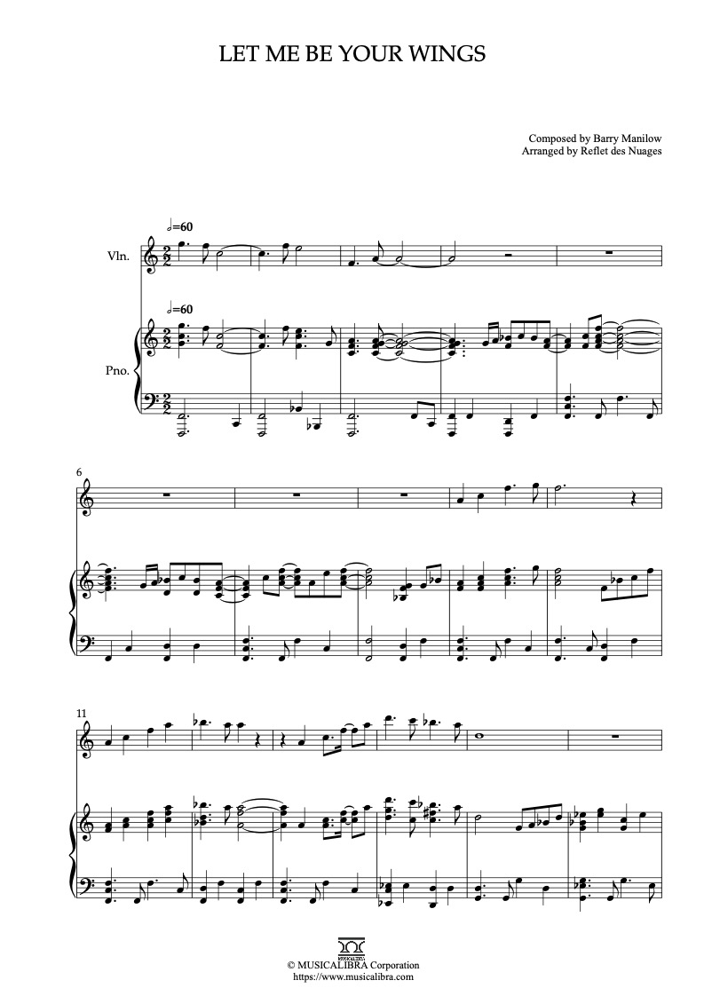 Sheet music of Thumbelina Let Me Be Your Wings arranged for violin and piano duet chamber ensemble preview page 1