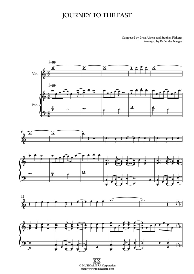 Anastasia Journey to the Past 編曲楽譜 - ヴァイオリン、ピアノデュエット