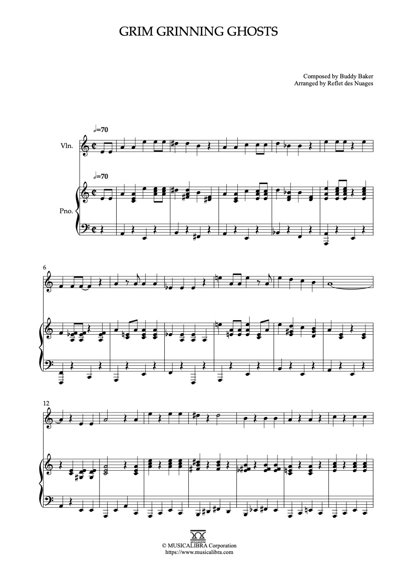 Partitura de Grim Grinning Ghosts arreglada para dueto de violín y piano