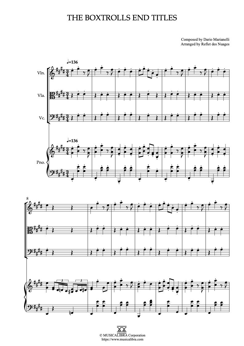 The Boxtrolls End Titles 編曲楽譜 - ヴァイオリン、チェロ、ピアノトリオ
