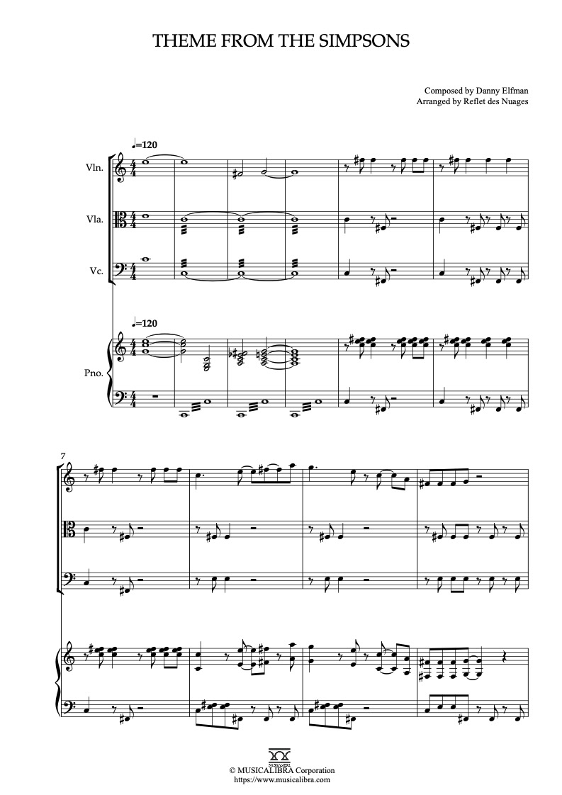 Partitura de Theme from The Simpsons arreglada para cuarteto de violín, viola, violonchelo y piano
