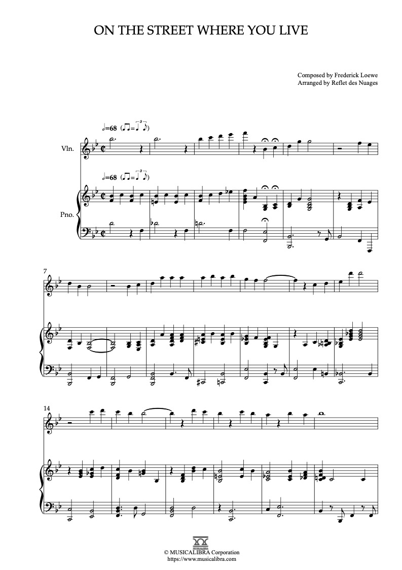 Partitura de On the Street Where You Live arreglada para dueto de violín y piano