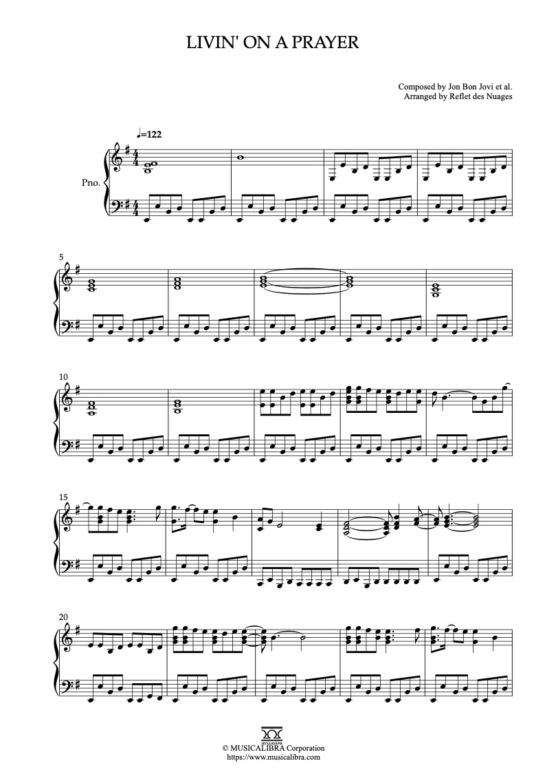 Partitura de Bon Jovi Livin' on a Prayer arreglada para piano solo