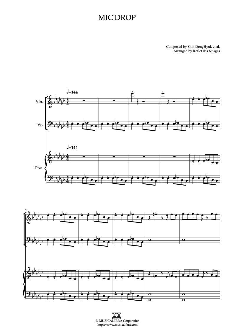 Partitura de BTS Mic Drop arreglada para trío de violín, violonchelo y piano