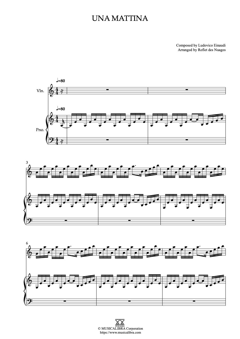 Ludovico Einaudi Una Mattina 二重奏 乐谱 - 小提琴, 钢琴