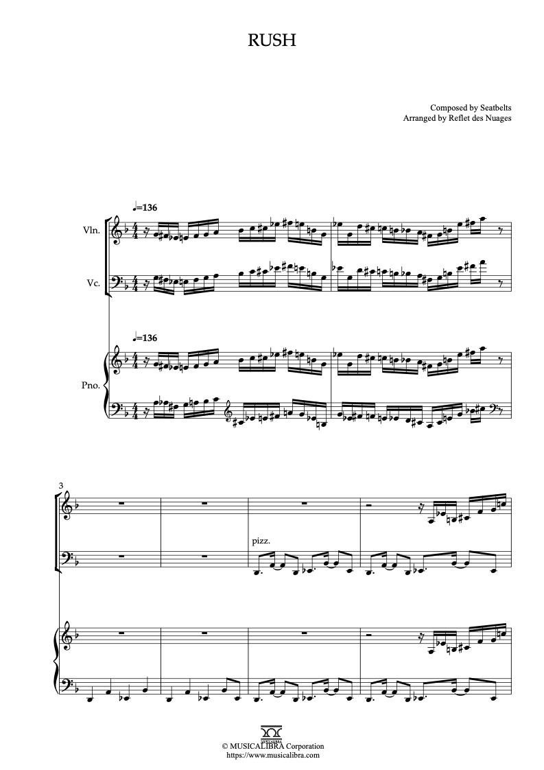 Sheet music of Cowboy Bebop Rush arranged for violin, cello and piano trio chamber ensemble preview page 1