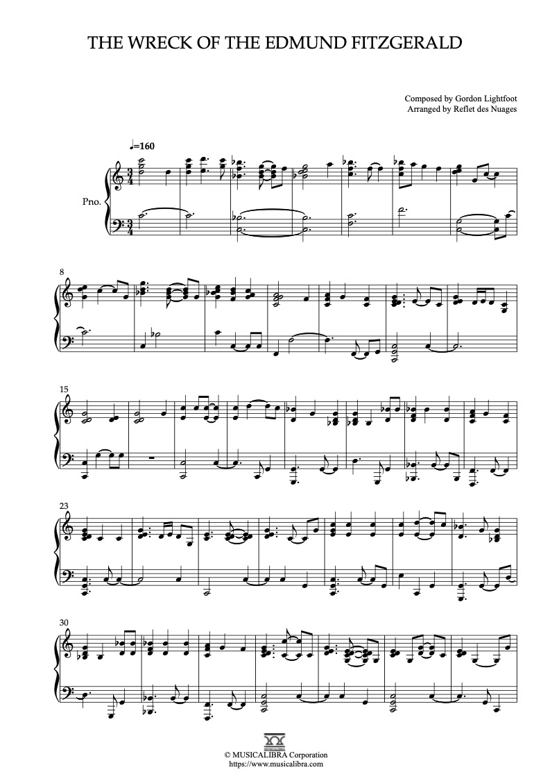 Sheet music of The Wreck of the Edmund Fitzgerald arranged for piano solo preview page 1