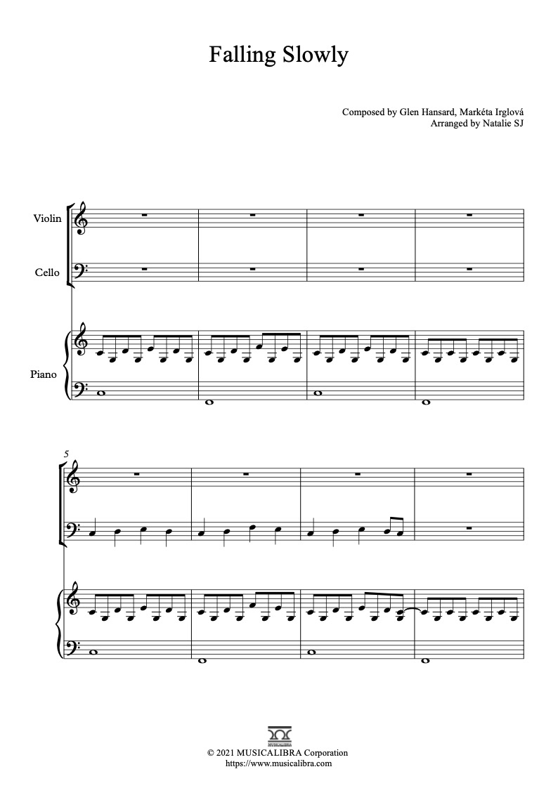 Partitura de Falling Slowly arreglada para trío de violín, violonchelo y piano