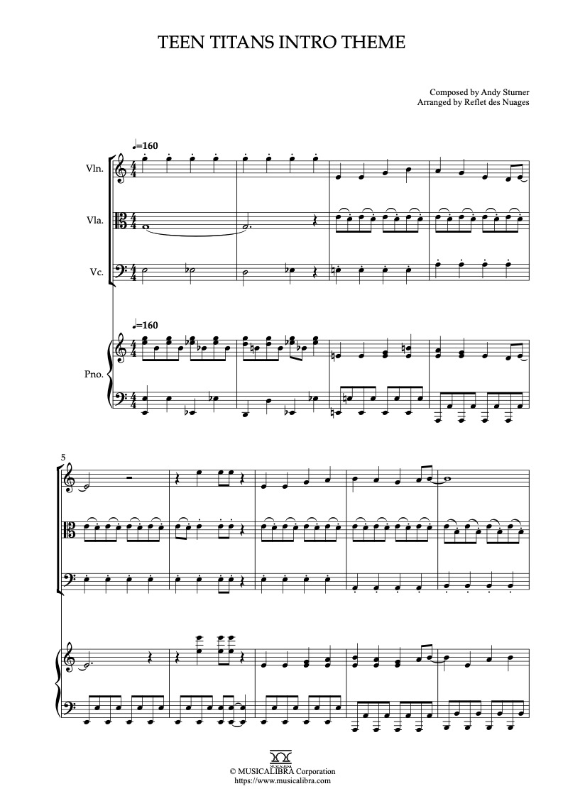 Teen Titans Intro Theme 四重奏 樂譜 - 小提琴, 中提琴, 大提琴, 鋼琴