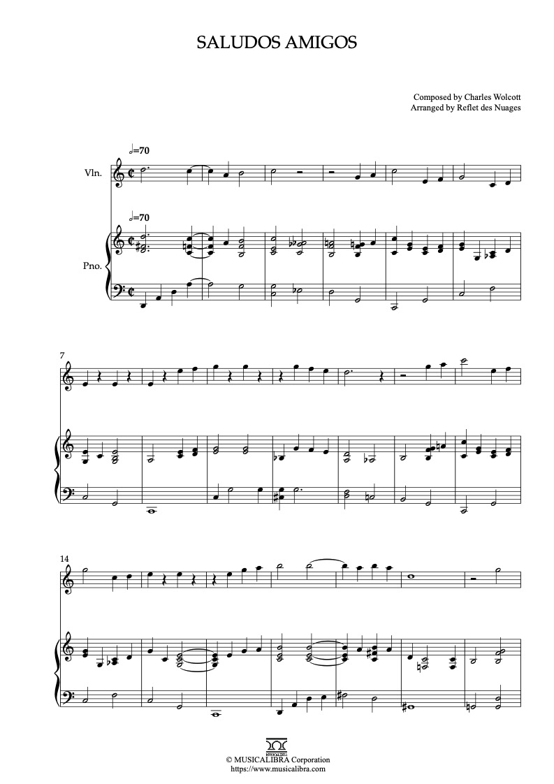 Partitura de Saludos Amigos arreglada para dueto de violín y piano