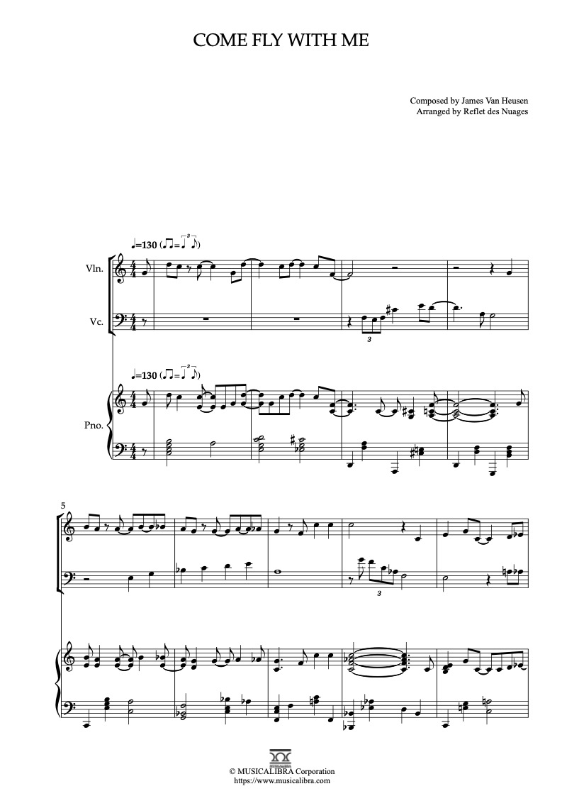 Partitura de Frank Sinatra Come Fly With Me arreglada para trío de violín, violonchelo y piano