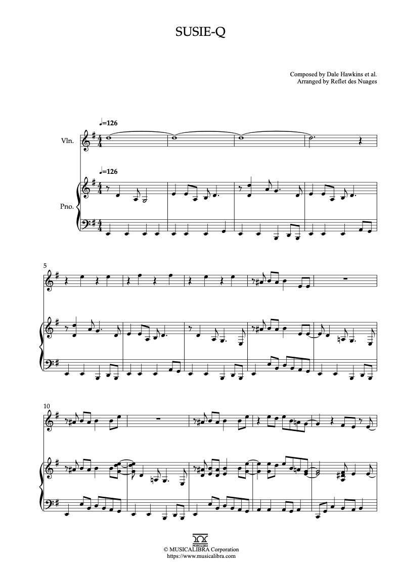Partitura de Creedence Clearwater Revival Susie-Q arreglada para dueto de violín y piano