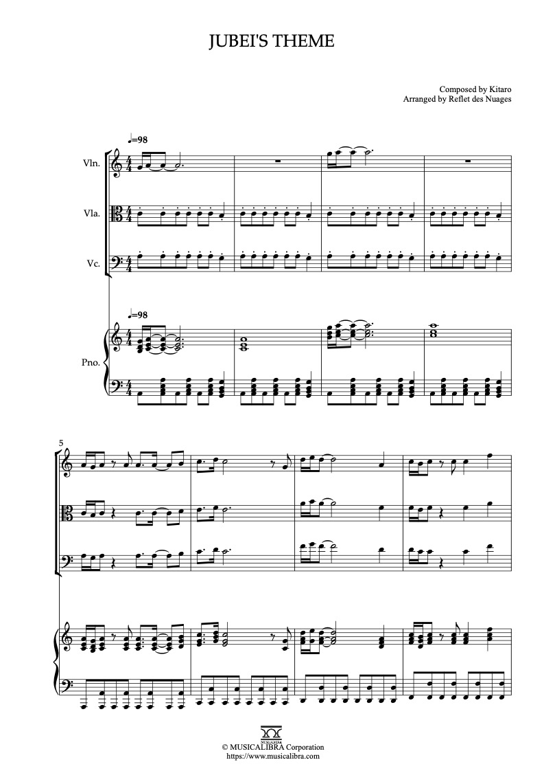 Sheet music of Ninja Scroll Jubei's Theme arranged for violin, viola, cello and piano quartet chamber ensemble preview page 1