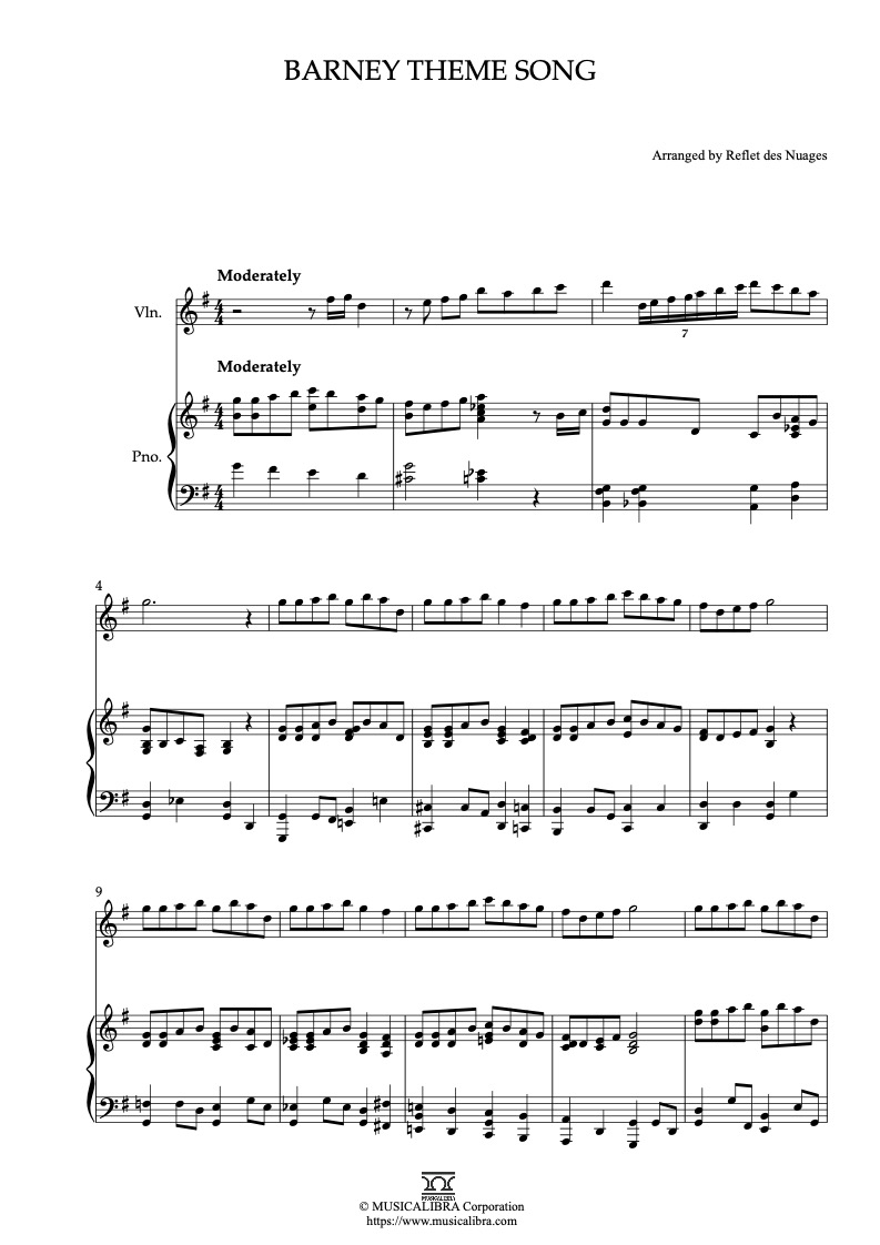 Partitura de Barney Theme Song arreglada para dueto de violín y piano