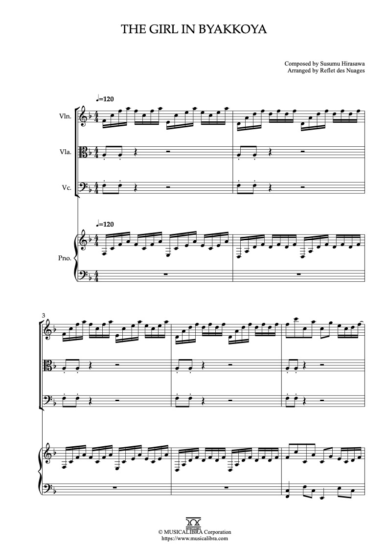 Partitura de Paprika The Girl in Byakkoya arreglada para cuarteto de violín, viola, violonchelo y piano