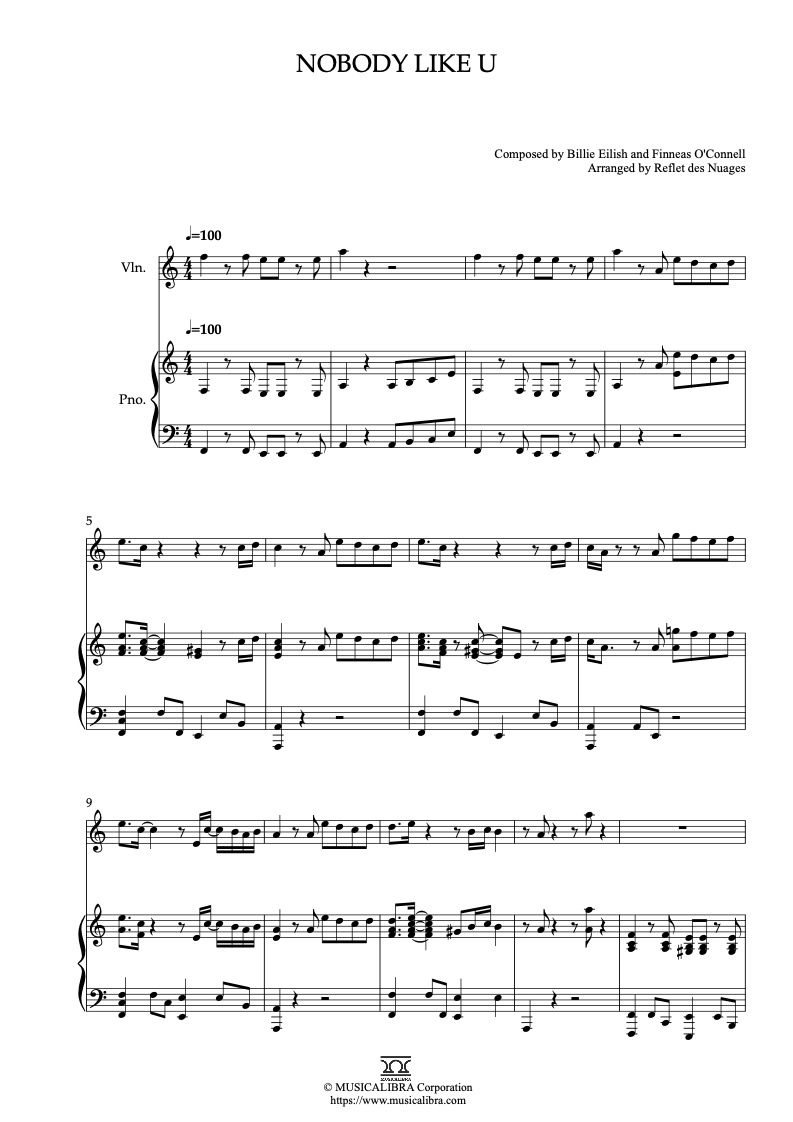 Partitura de Turning Red Nobody Like U arreglada para dueto de violín y piano