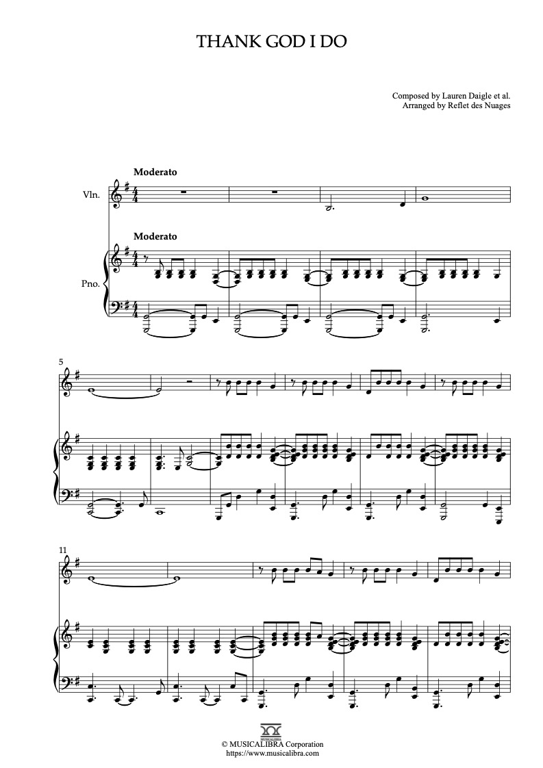 Partitura de Lauren Daigle Thank God I Do arreglada para dueto de violín y piano
