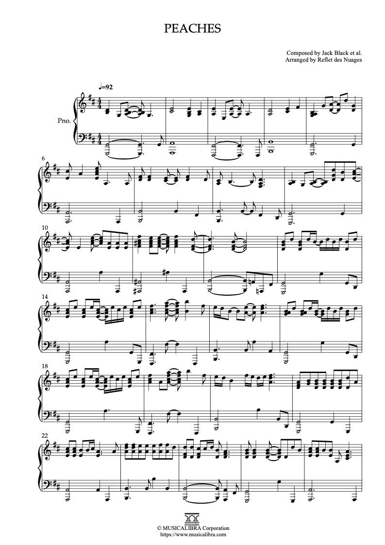 Partitura de Super Mario Bros Themes Peaches arreglada para piano solo