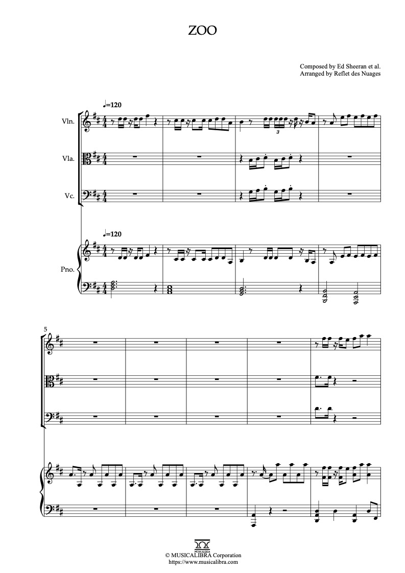 Partitura de Zootopia 2 Zoo arreglada para cuarteto de violín, viola, violonchelo y piano