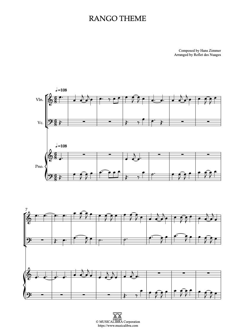 Partitura de Rango Theme arreglada para trío de violín, violonchelo y piano