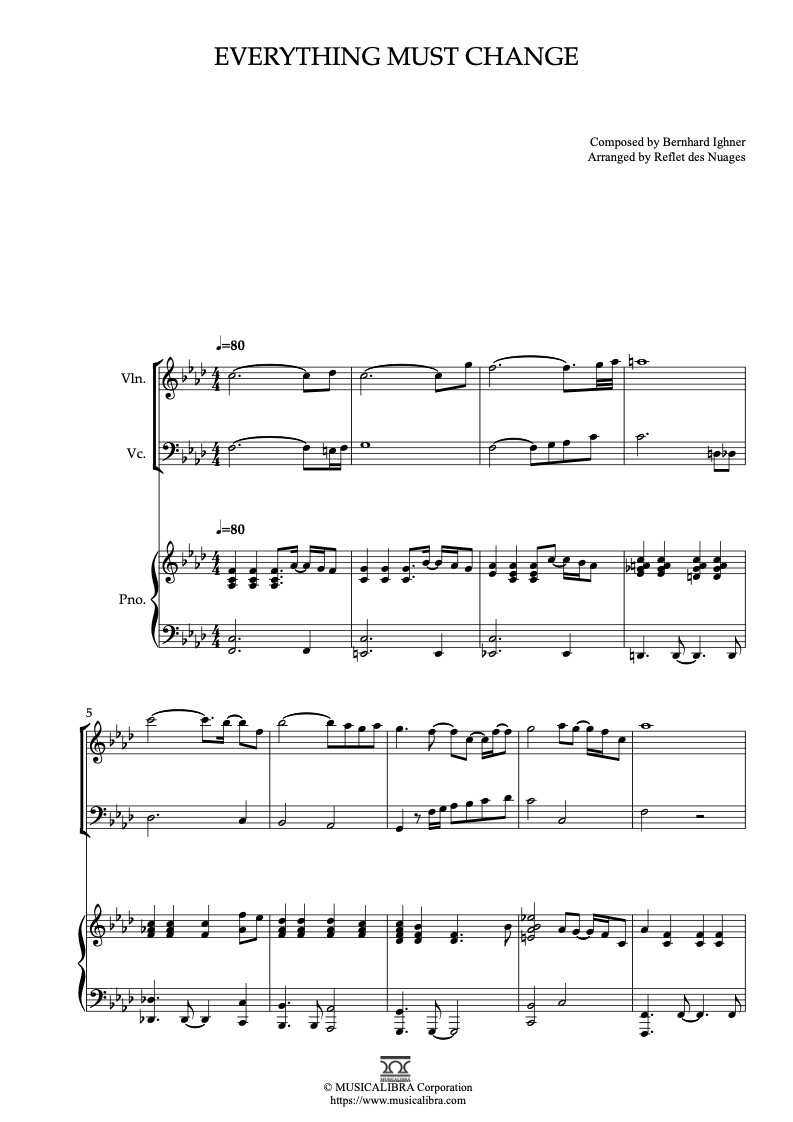 Partitura de Everything Must Change arreglada para trío de violín, violonchelo y piano