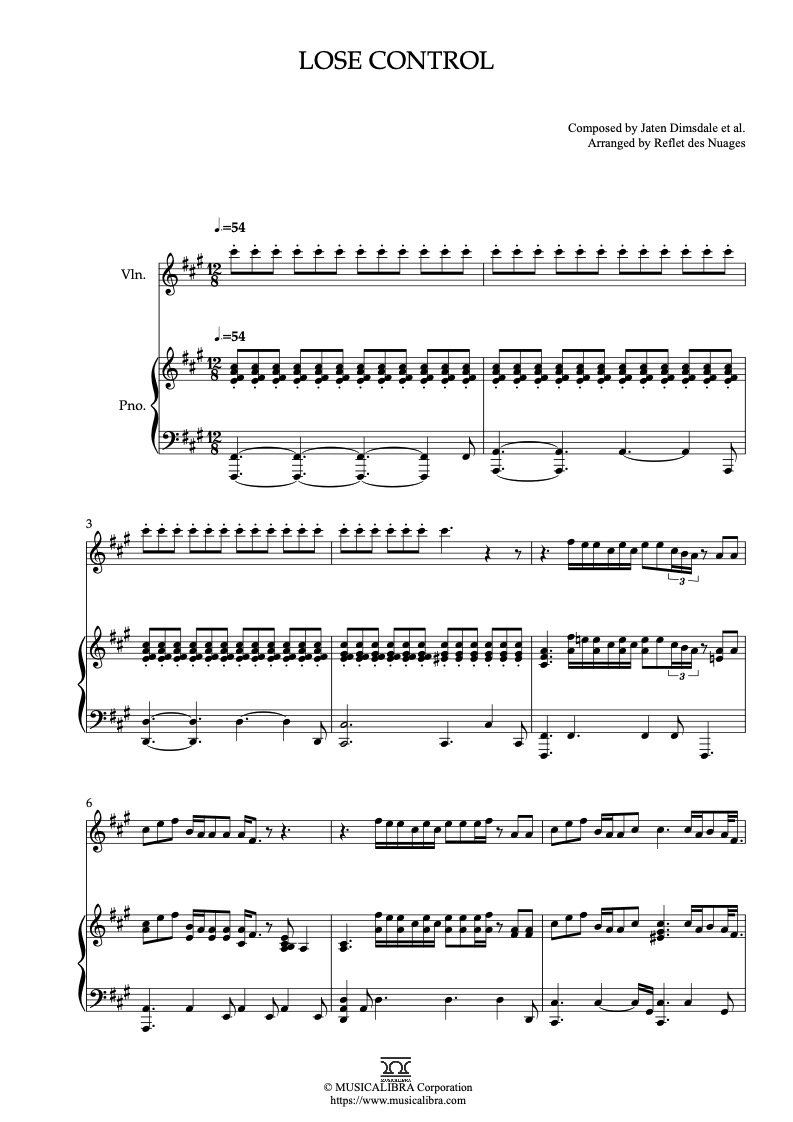 Sheet music of Teddy Swims Lose Controlabe arranged for violin and piano duet chamber ensemble preview page 1