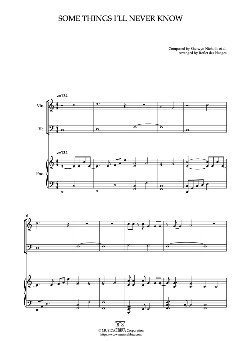Sheet music of Teddy Swims Some Things I'll Never Know arranged for violin, cello and piano trio chamber ensemble preview page 1