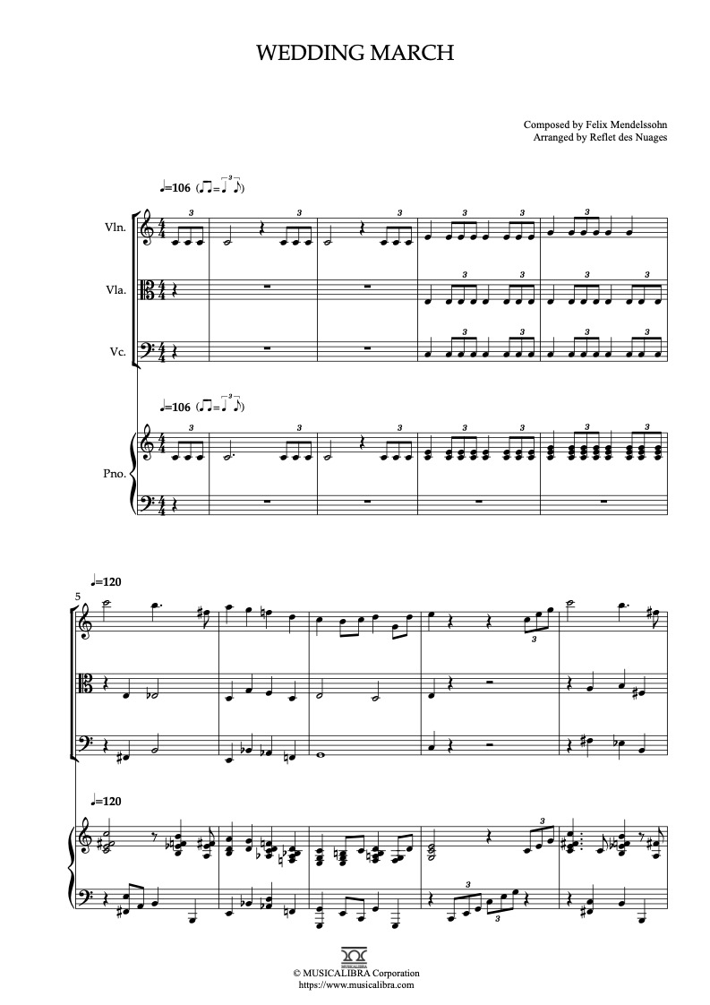 Wedding March 四重奏 樂譜 - 小提琴, 中提琴, 大提琴, 鋼琴