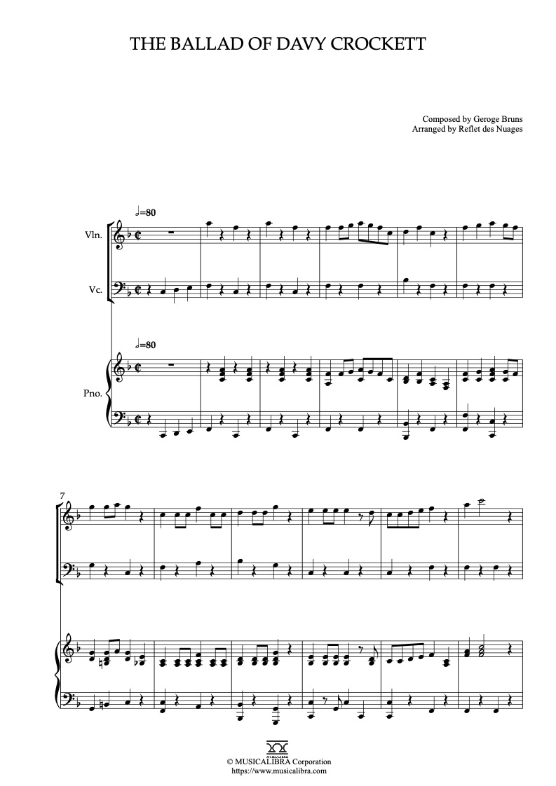 The Ballad of Davy Crockett 編曲楽譜 - ヴァイオリン、チェロ、ピアノトリオ