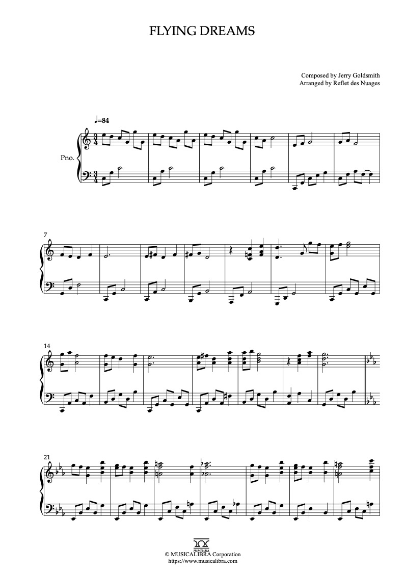 Partitura de The Secret of NIMH Flying Dreams arreglada para piano solo