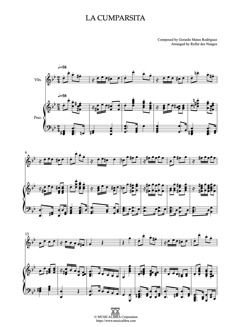 La Cumparsita 二重奏 乐谱 - 小提琴, 钢琴