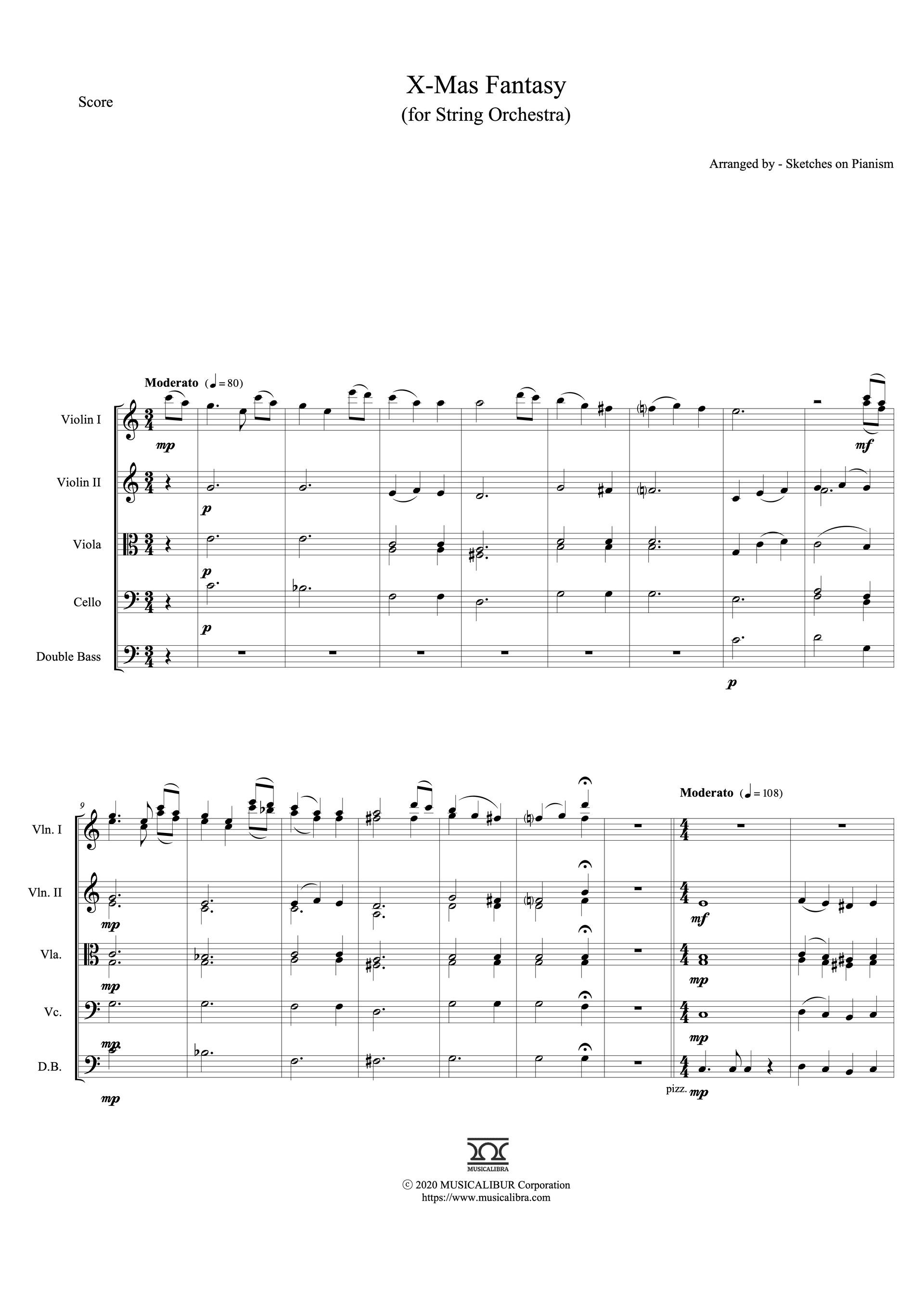 Sheet music of X-Mas Fantasy arranged for violin, viola, cello and contrabass quintet preview page 1