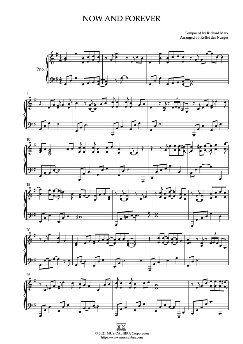 Partitura de Richard Marx Now and Forever arreglada para piano solo