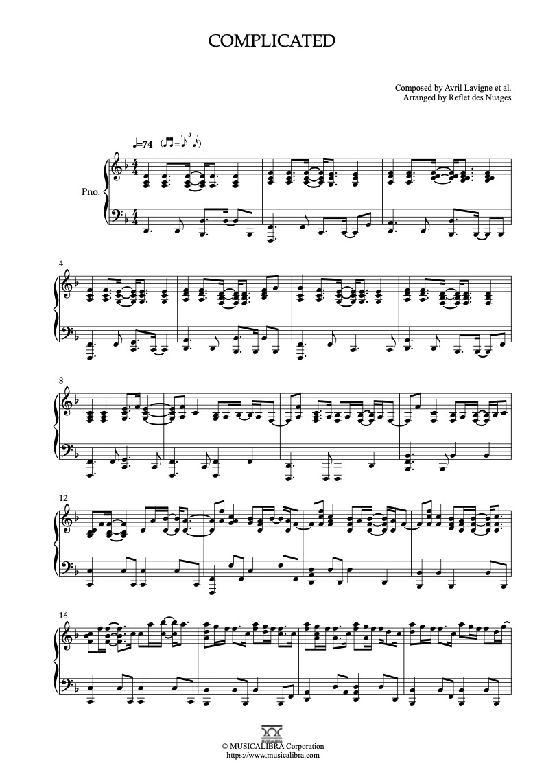 Partitura de Avril Lavigne Complicated arreglada para piano solo