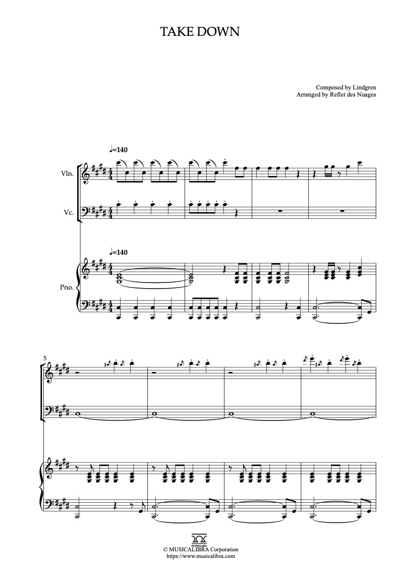 Sheet music of KPop Demon Hunters Take Down arranged for violin, cello and piano trio chamber ensemble preview page 1