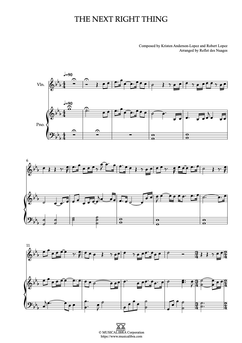 Frozen 2 Some The Next Right Thing 編曲楽譜 - ヴァイオリン、ピアノデュエット