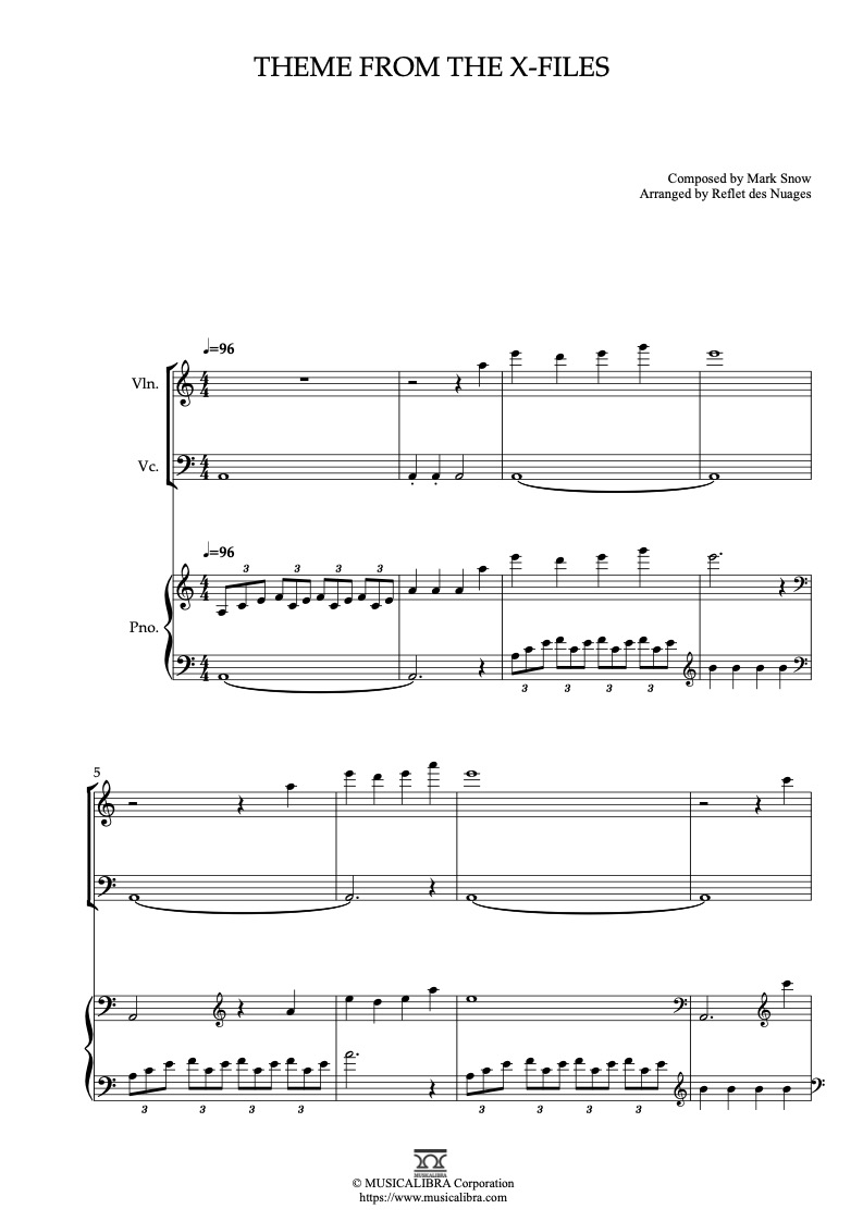 Partitura de Theme From the X-Files arreglada para trío de violín, violonchelo y piano