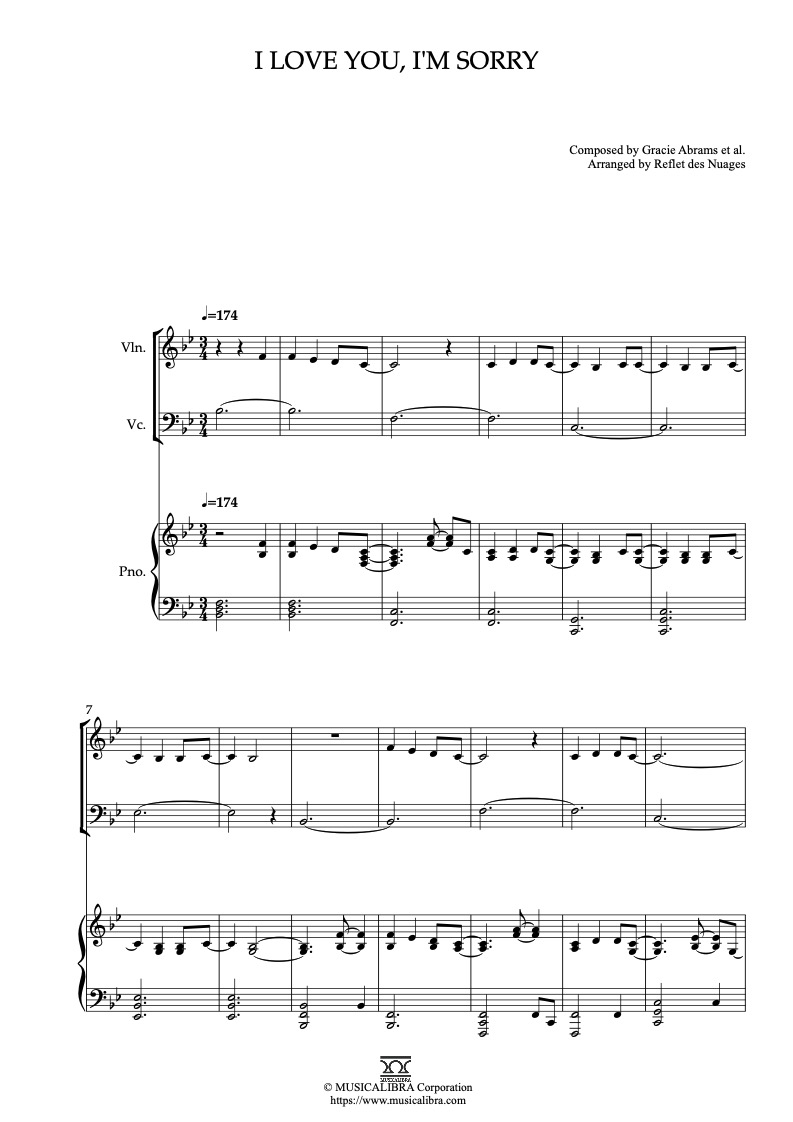 Sheet music of Gracie Abrams I Love You, I'm Sorry arranged for violin, cello and piano trio chamber ensemble preview page 1