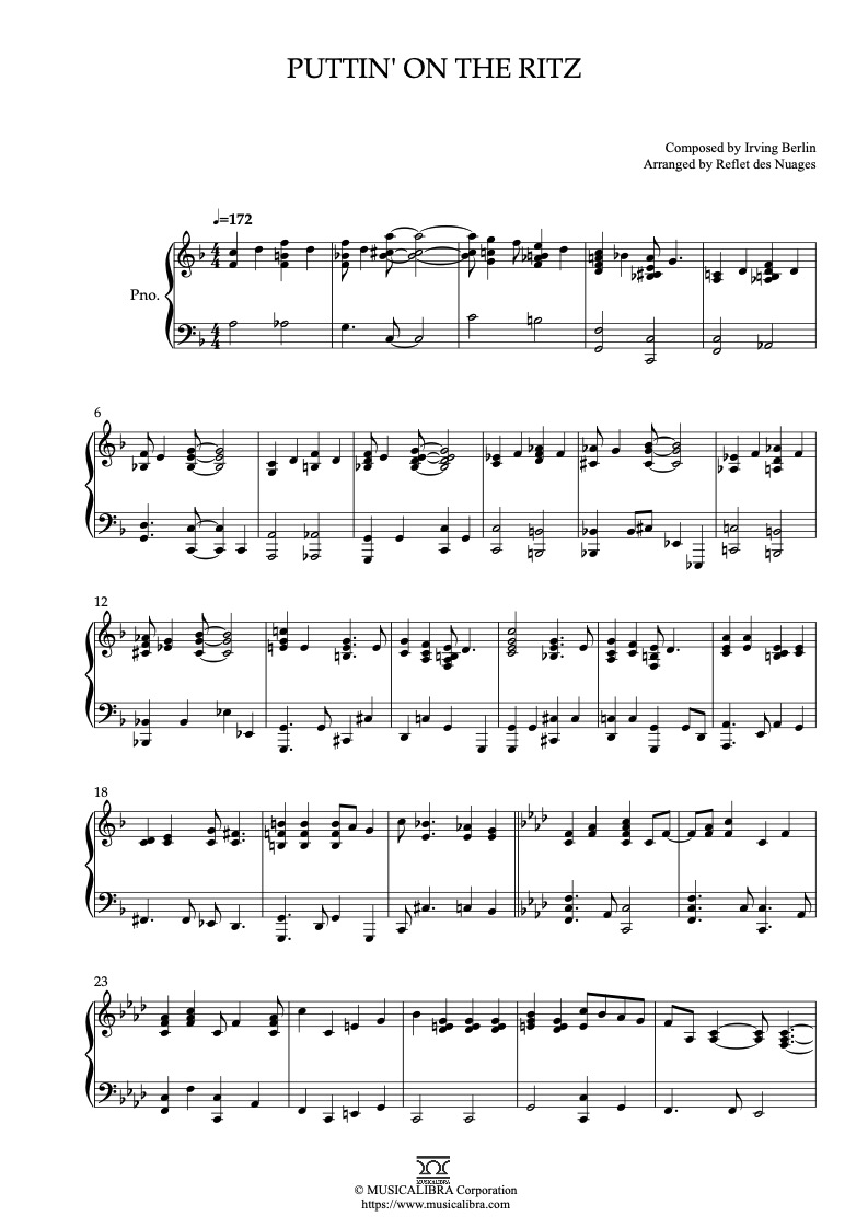 Sheet music of Puttin' on the Ritz arranged for piano solo preview page 1