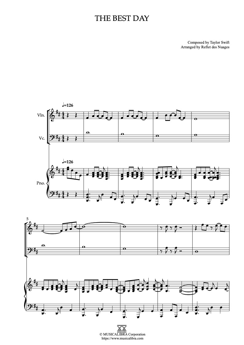 Partitura de Taylor Swift The Best Day arreglada para trío de violín, violonchelo y piano