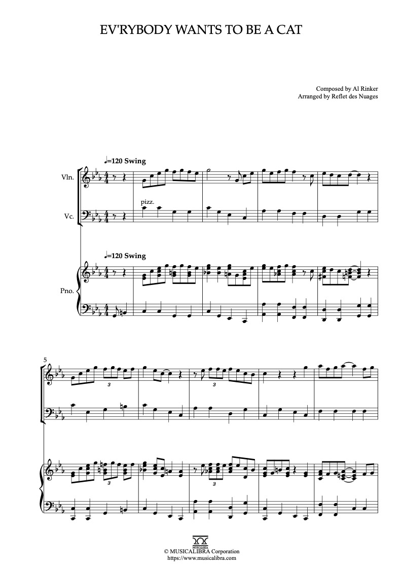 Partitura de The Aristocats Ev'rybody Wants to Be a Cat arreglada para trío de violín, violonchelo y piano