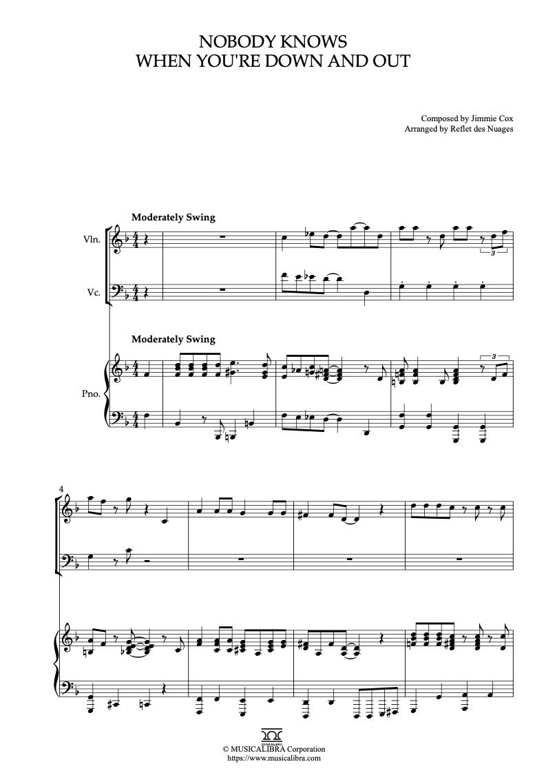 Sheet music of Nobody Knows When You're Down and Out arranged for violin, cello and piano trio chamber ensemble preview page 1