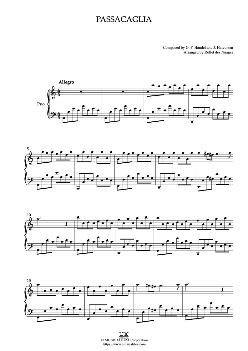 Sheet music of Passacaglia arranged for piano solo preview page 1