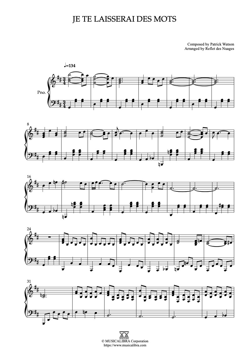 패트릭 왓슨 Patrick Watson Je te laisserai des mots 피아노 편곡 악보