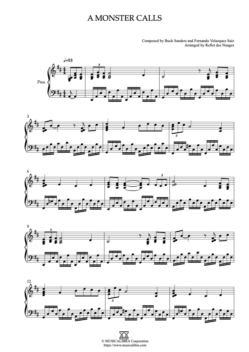 Sheet music of A Monster Calls arranged for piano solo preview page 1