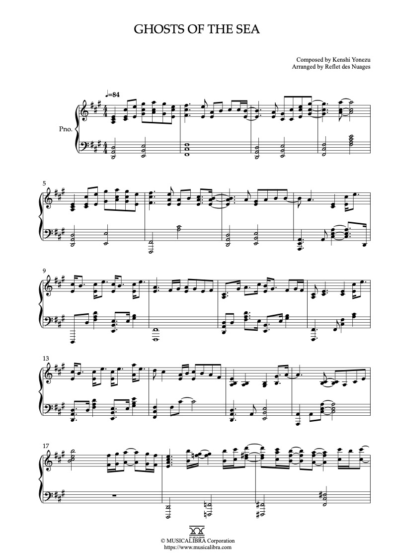 Sheet music of Children of the Sea Ghosts of the Sea arranged for piano solo preview page 1