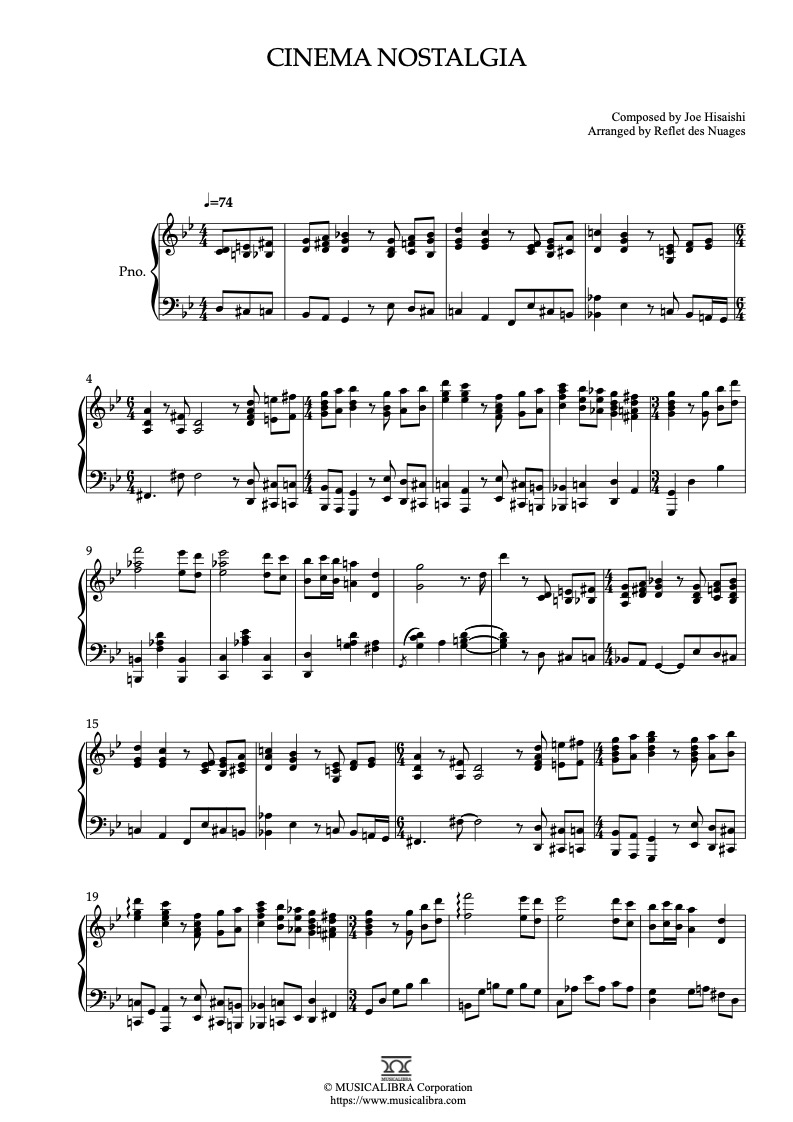 Partitura de Joe Hisaishi Cinema Nostalgia arreglada para piano solo